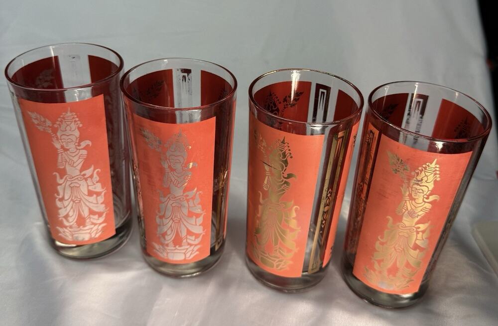 Vintage 1960s MCM Culver MANDALAY Red Siam Thai Goddess Glasses Set of 4